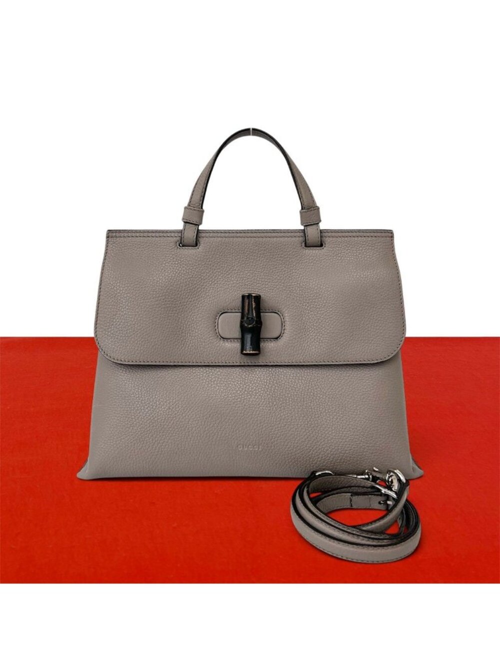 Gucci Bamboo Daily Leather Turnlock 2-Way Shoulder Bag Tote Gray